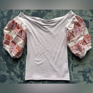 Free People Embroidered Puff Sleeve Off-the-Shoulder Boho Lavender Top, size XS